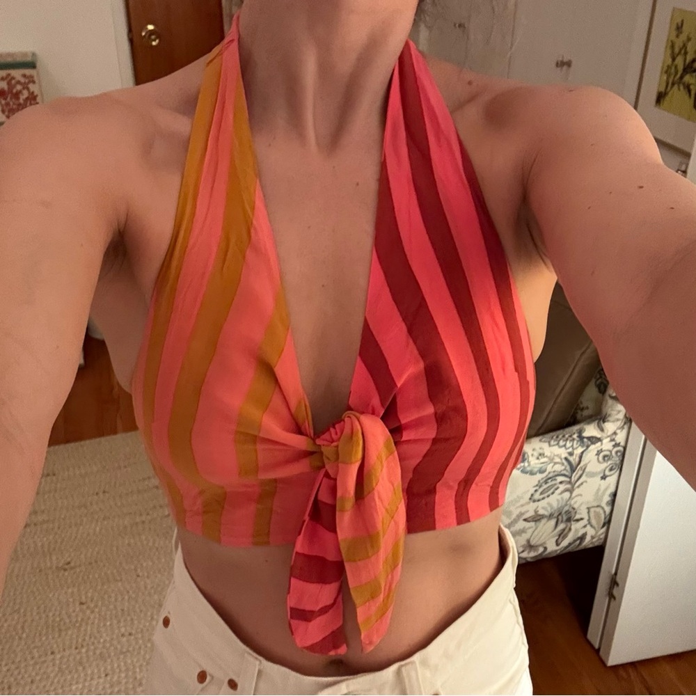 Anthropologie Red and Orange Tie Front Crop Top